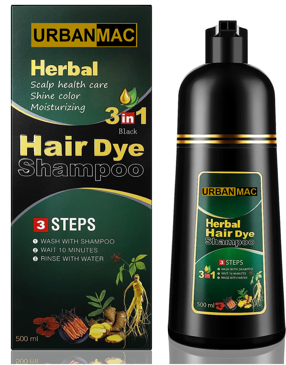 Herbal 3 in 1 Hair Dye Instant Black Hair Shampoo for Women & Men 500ml.