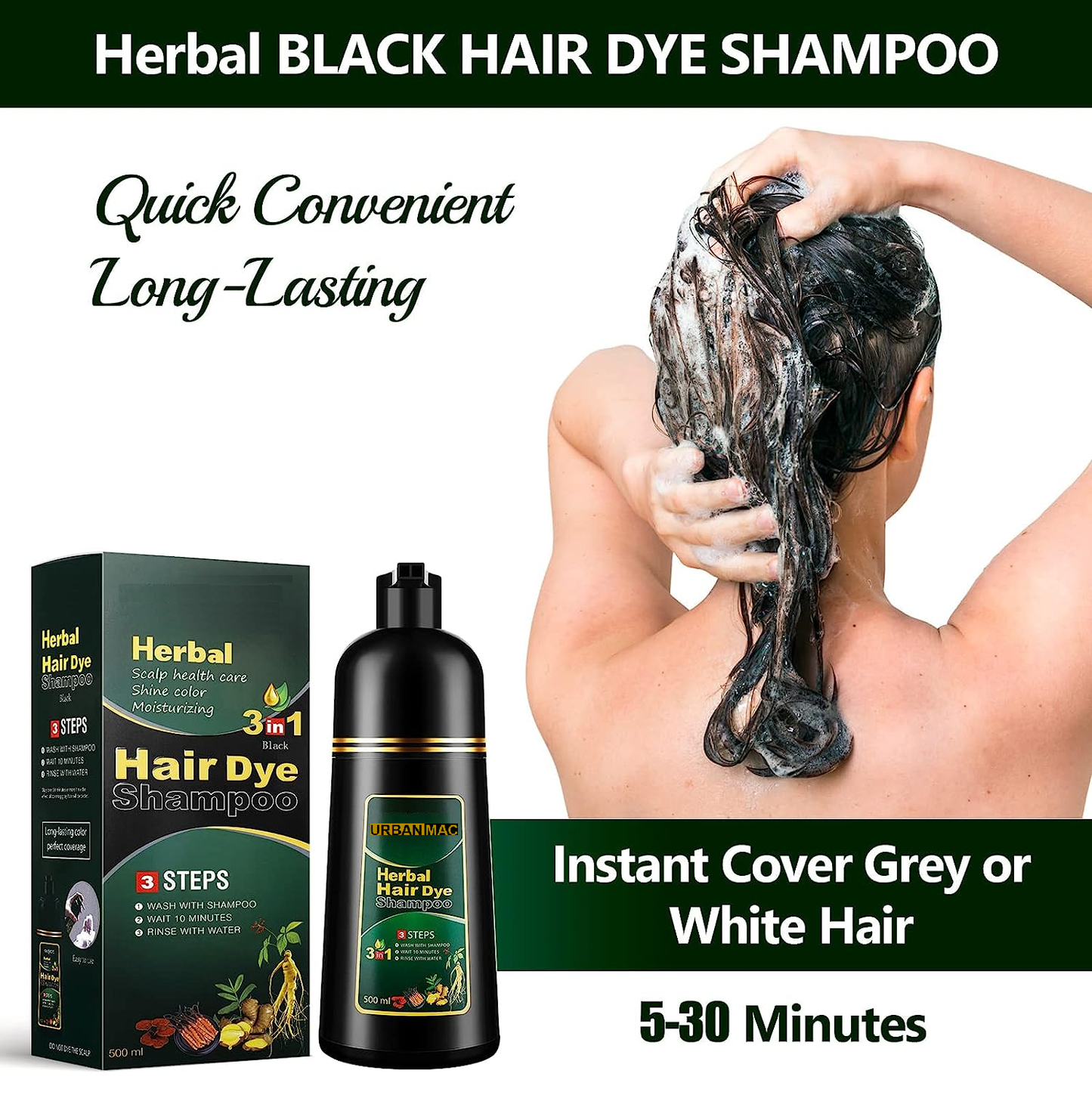 Herbal 3 in 1 Hair Dye Instant Black Hair Shampoo for Women & Men 500ml.