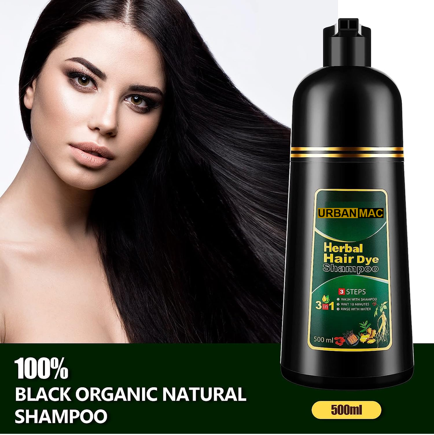 Herbal 3 in 1 Hair Dye Instant Black Hair Shampoo for Women & Men 500ml.