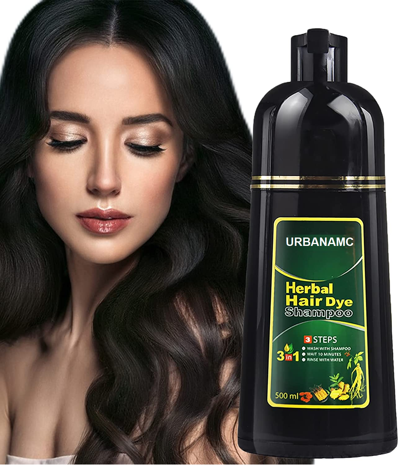 Herbal 3 in 1 Hair Dye Instant Black Hair Shampoo for Women & Men 500ml.