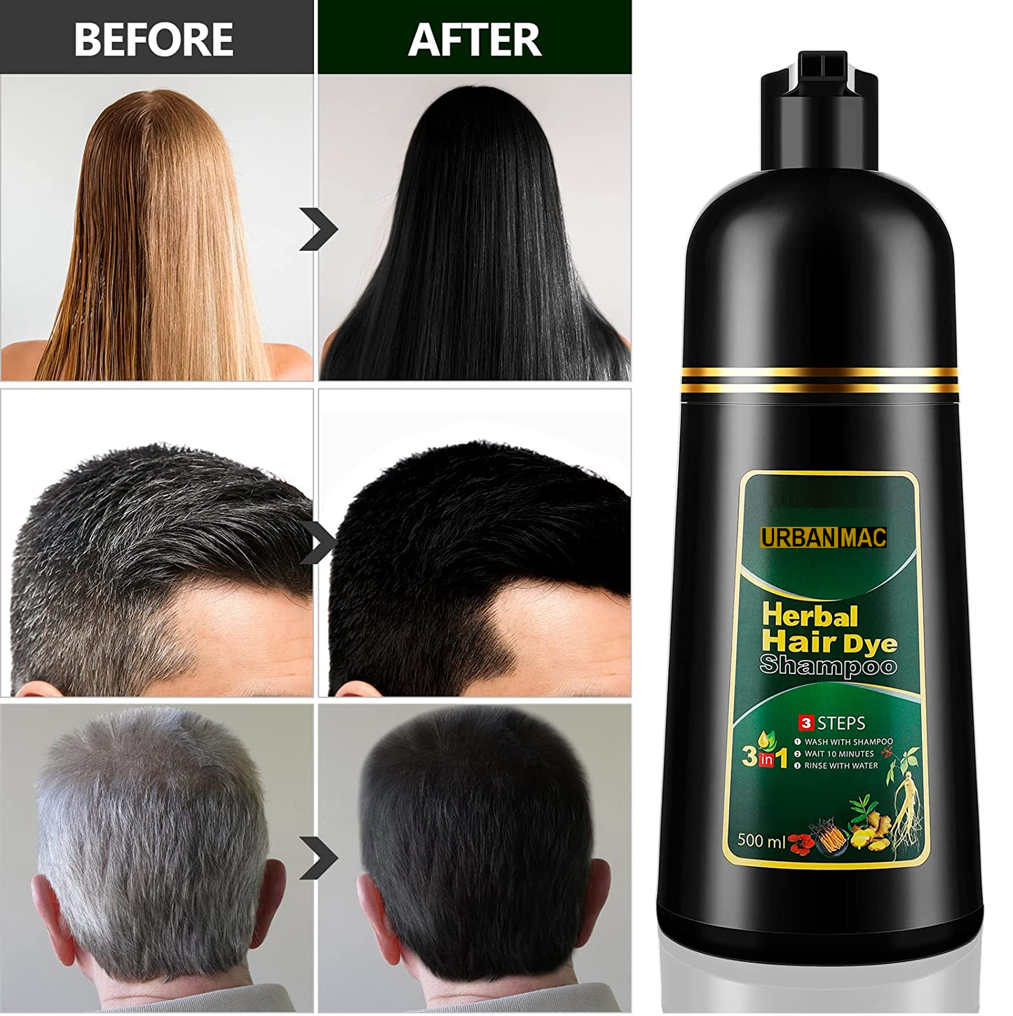 Herbal 3 in 1 Hair Dye Instant Black Hair Shampoo for Women & Men 500ml.